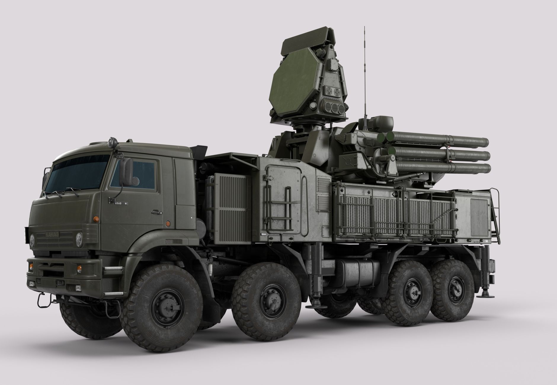 High-resolution image of a military anti-aircraft vehicle in a studio setting.