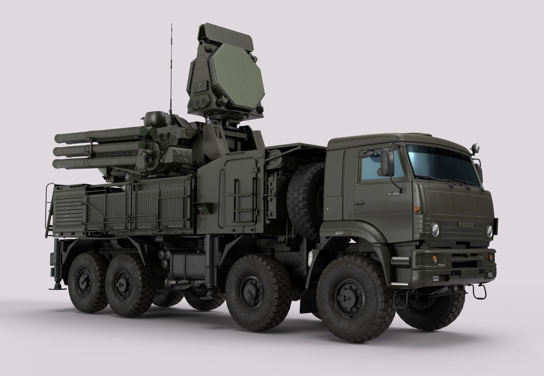 Detailed image of a military vehicle equipped with advanced radar and weaponry systems.