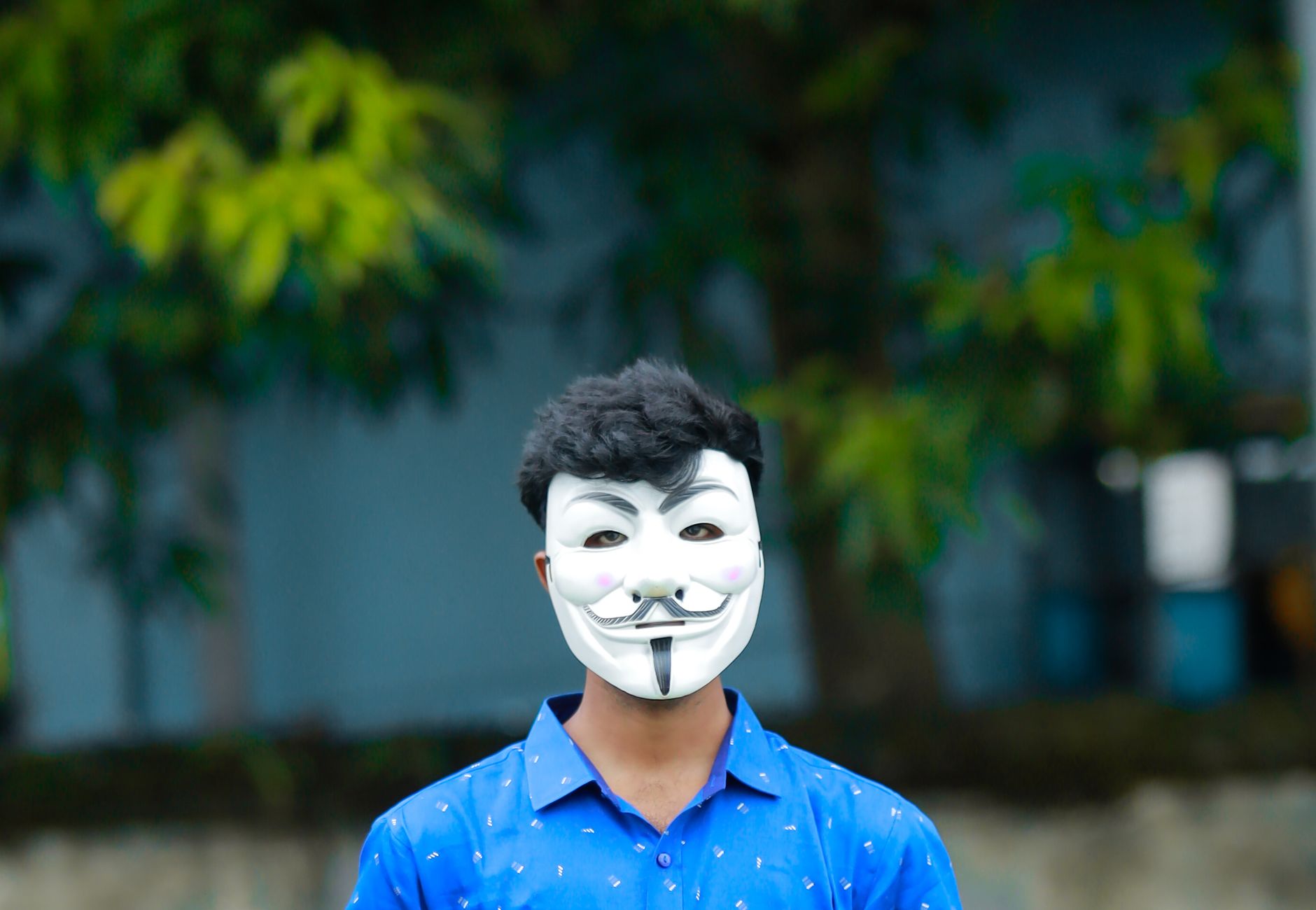 A person wearing a Guy Fawkes mask stands outdoors, capturing a theme of anonymity and mystery.